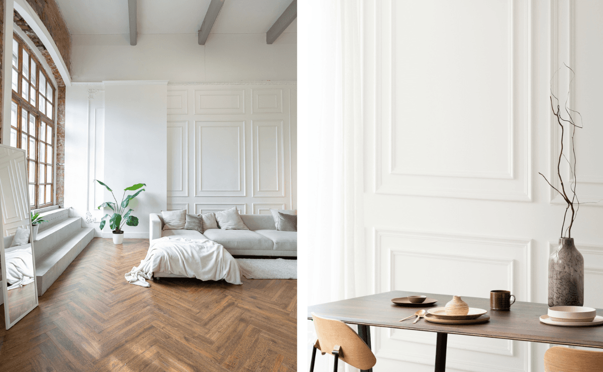 Två inredningsbilder med minimalistisk design. Ett stort vardagsrum med ljusa färger och stor fönster, samt ett enkelt matbord mot en vacker, vitt vägg.