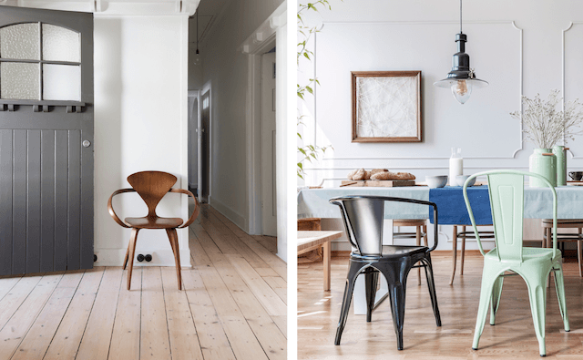 Två bilder av ljusa, renoverade hem. Till vänster ser ett ljust trägolv med en grå målad dörr. Till höger är en livligt matsal med stolar i olika färger.