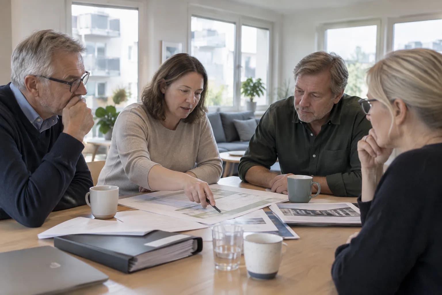 Fyra styrelsemedlemmar i en bostadsrättsförening går igenom underhållsplan och fakturor vid ett bord