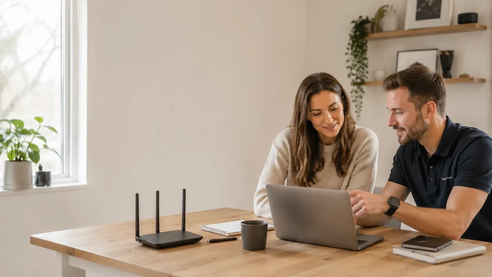 A couple sits at a wooden table, engaged with a laptop. Nearby are a router, notebook, and coffee cup. Shelves with decor and a window in the background.