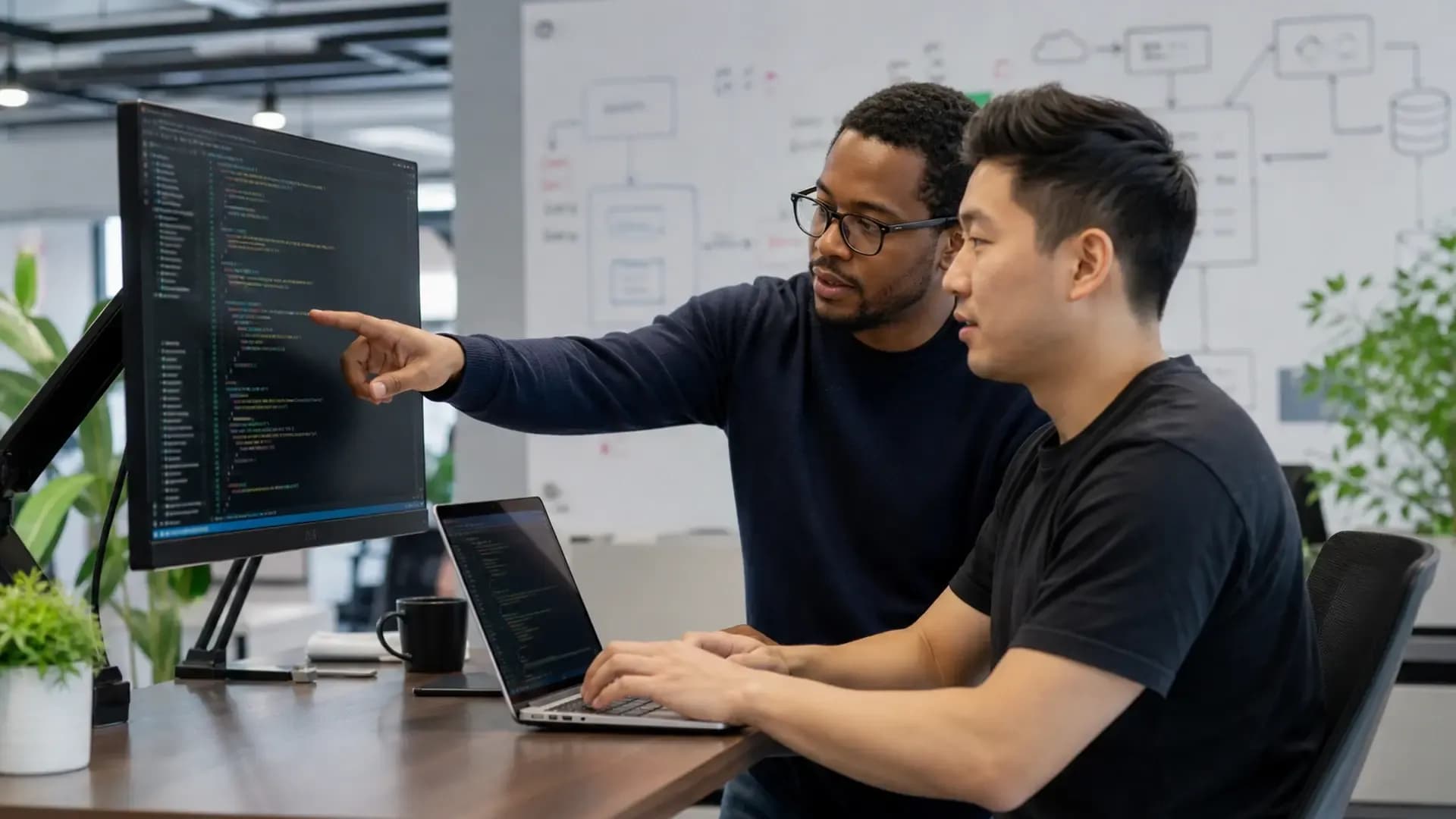 Två webbutvecklare diskuterar kod framför skärm med systemarkitektur på whiteboard