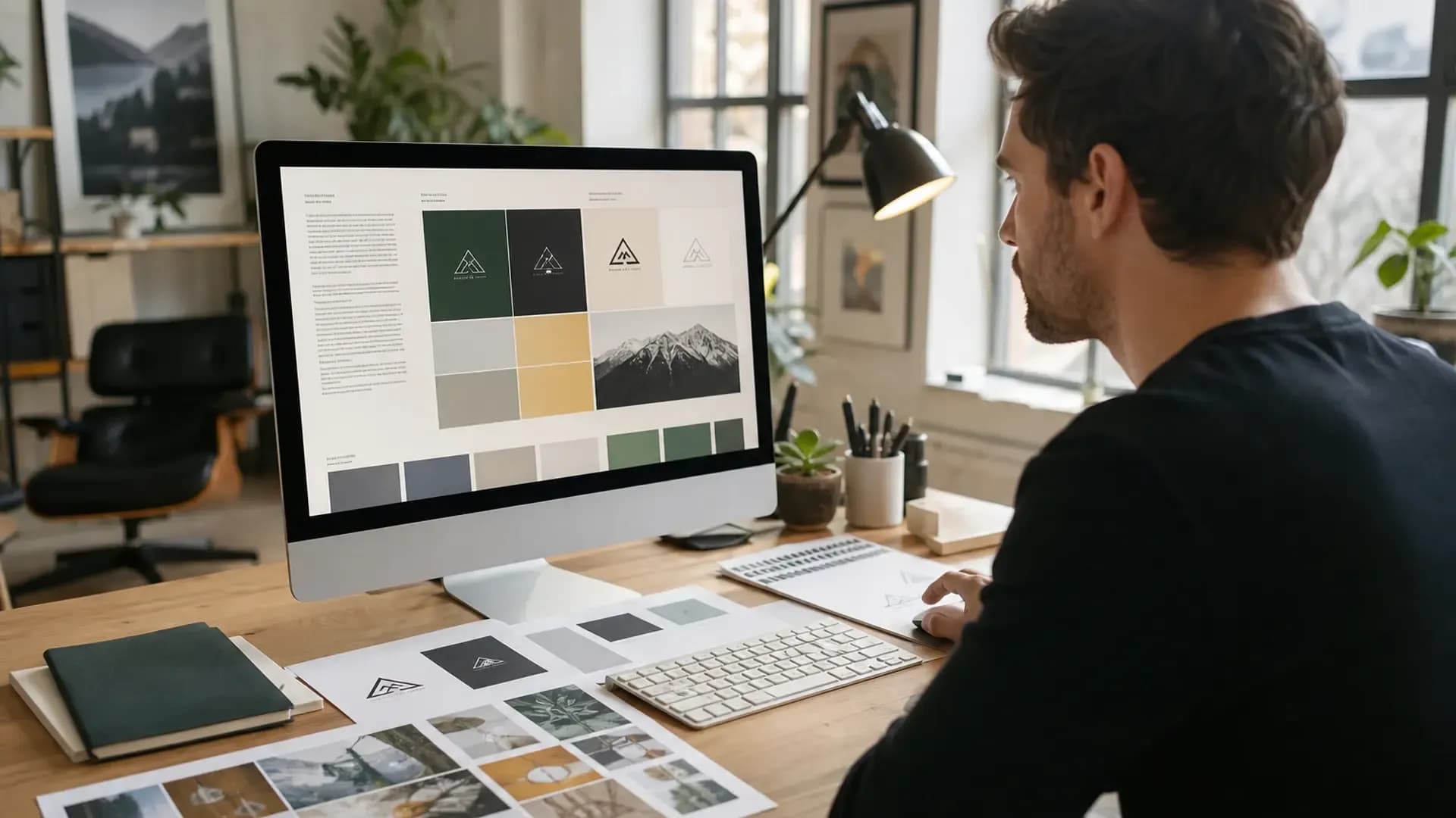 Grafisk designer granskar logotypvarianter och färgpaletter för en företagsprofil i modern designstudio