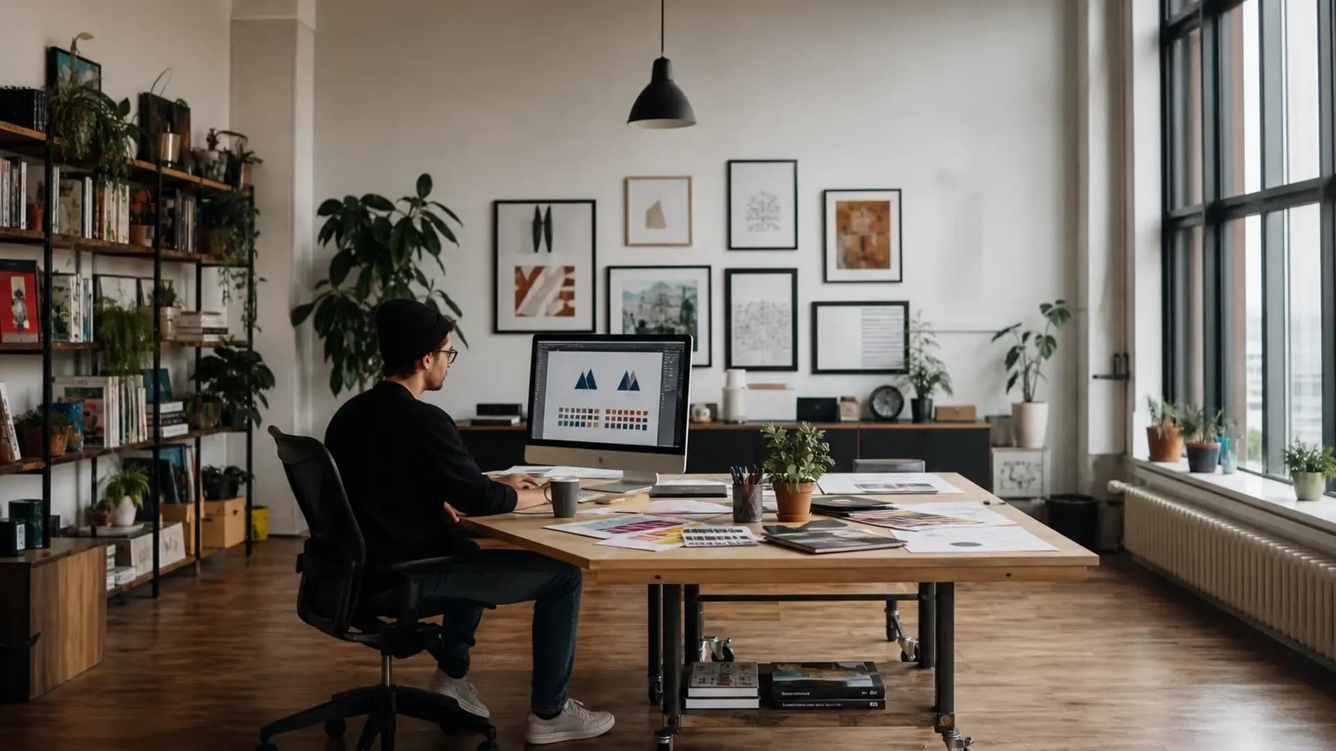 Grafisk designer granskar logotypvarianter och färgpaletter för en företagsprofil i modern designstudio