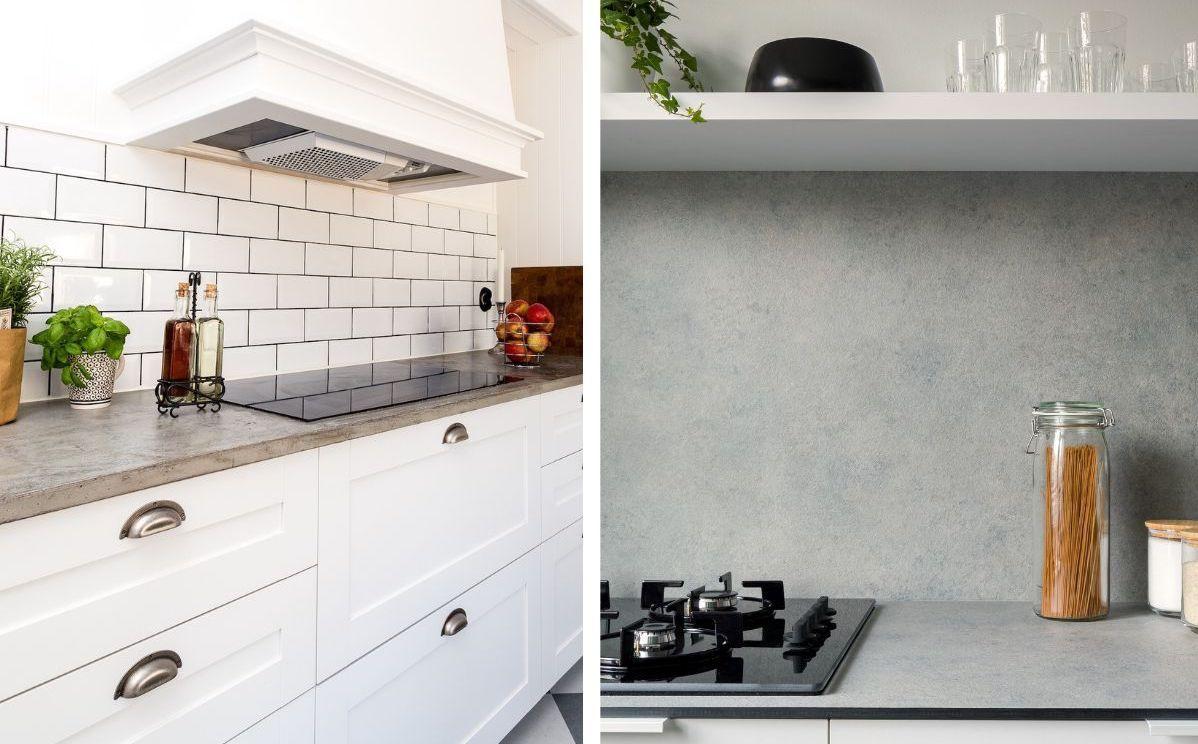 Två bilder med fina kök med betongskivor i grått. Den vänstra bilden är av ett lantligt kök och den högra är av ett mer modernt kök.