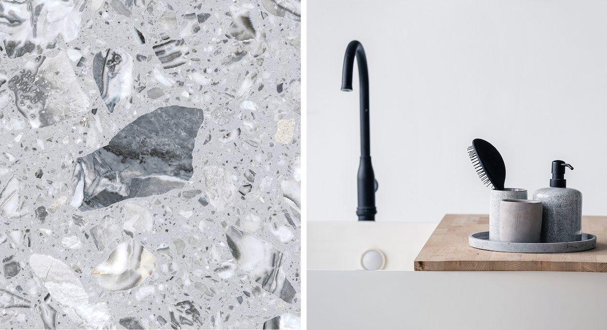 Ett bildmontage av härligt spräcklig granit och ett badkar med en träbricka med olika behållare på.
