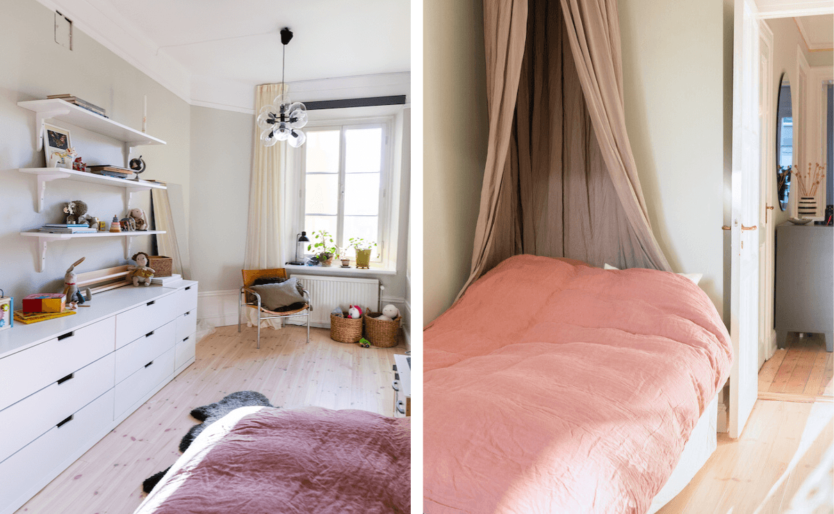 Bild från en totalrenovering av en lägenhet i Vasastan. Två inspirerande bilder från det färdiga barnrummet i härliga pasteller.
