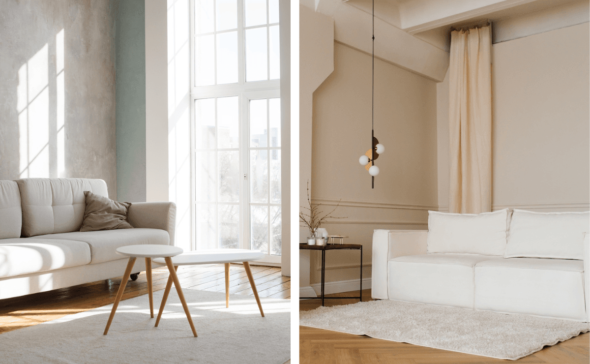Två inspirerande bilder av vardagsrum inredda i en minimalistisk stil, med ljusa färger och naturligt ljusinsläpp.