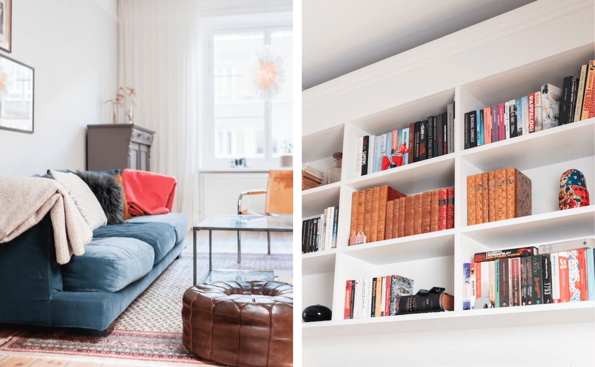Bild från en totalrenovering av en lägenhet i Vasastan. Två inspirerande bilder från det färdiga vardagsrummet med en platsbyggd bokhylla.