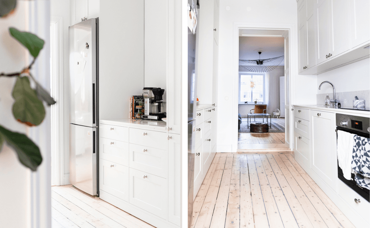 Bild från en totalrenovering av en lägenhet i Vasastan. Två inspirerande bilder från det färdiga köket som är ljust och fräscht med nyslipade golv.