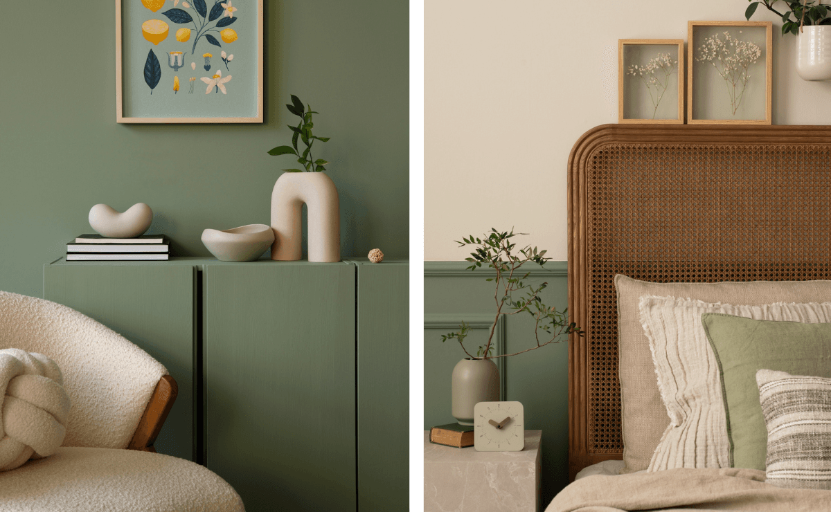 Två inspirerande bilder av rum med väggfärger i en grön nyans, vilket ger en känsla av friskhet och lugn.