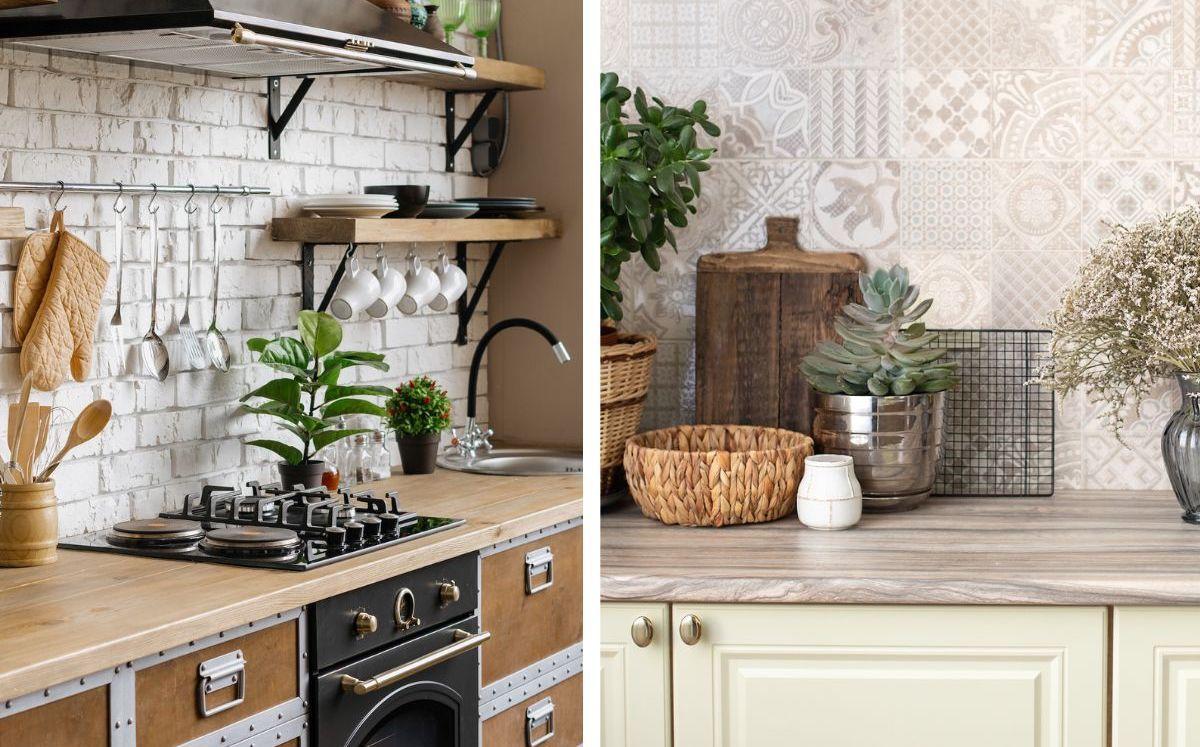 Två inspirerande bilder av kök med träbänkskivor. Den vänstra bilder är ett kök i industriell stil, den högra i mer lantlig stil.