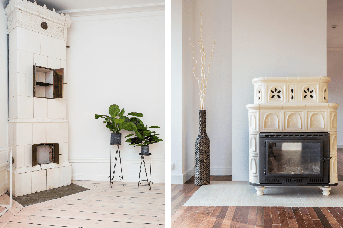 Två inspirerande bilder av två olika braskaminer. Till vänster är en vit kakelkamin intill ett vitlaserat trägolv. Till höger är en fint dekorerad kamin med utskurna hål i ett mönster som påminner om en blomma.