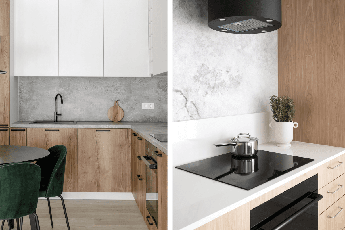Två inspirerande bilder av moderna och ljusa kök, med träinredning och grå marmor.