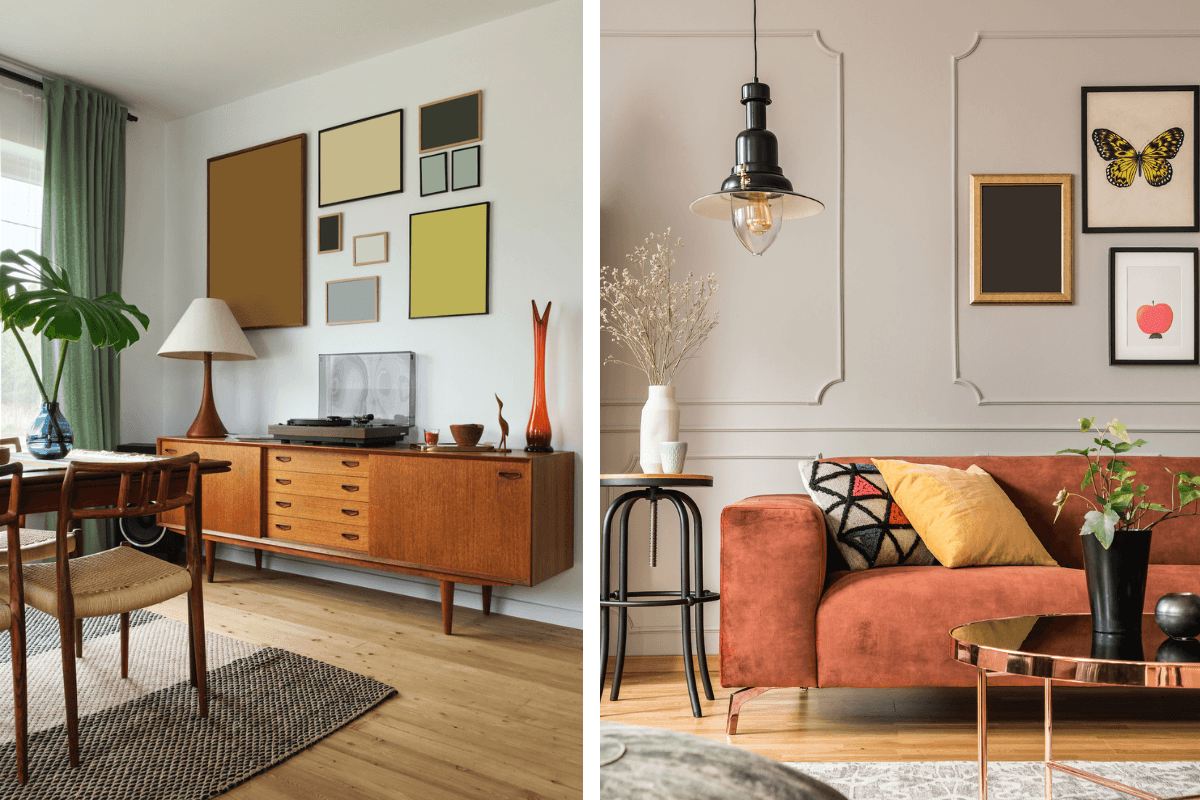 Två bilder som visar höstens trender 2023. Den ena är av en matsal med jordnära toner och trä på möblerna. Den andra är av ett vardagsrum med rostfärgad soffa och dekorativa detaljer.