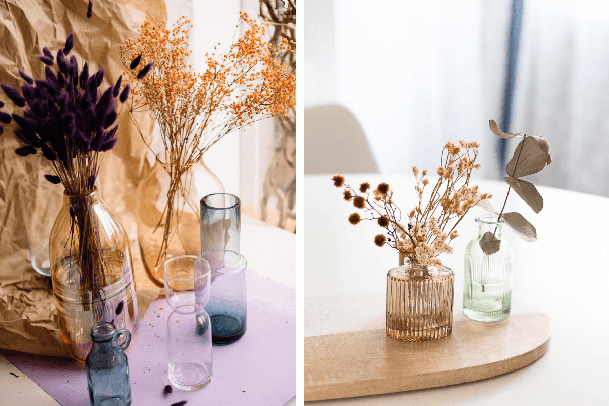 Två bilder av vackra torkade blommor i färgade vaser. En hösttrend 2023.