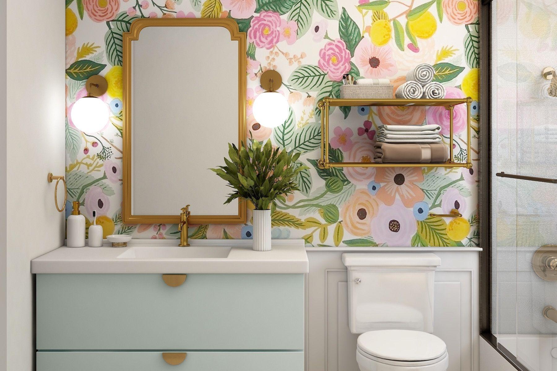 Färgglatt badrum med mintgrön komod, spegel i guld