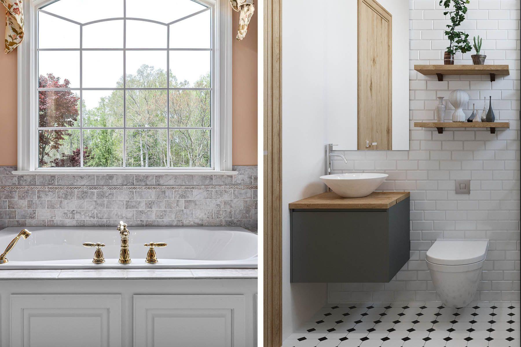 Två vackra badrum, ett med badkaret placerat nedanför ett stort fönster med spröjs, ett med vackert golv i gammal stil, handfat och toa.