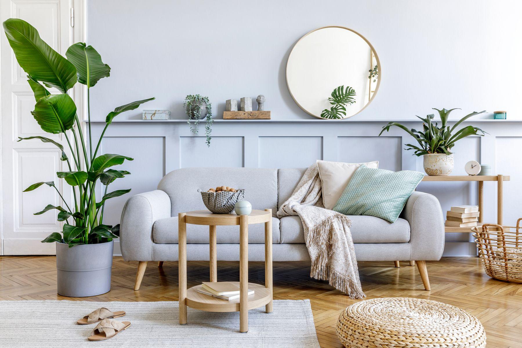 Grå soffa i skandinaviskt hem med rund spegel ovanför bröstpanel på väggen. Gröna växter, kuddar och filtar.