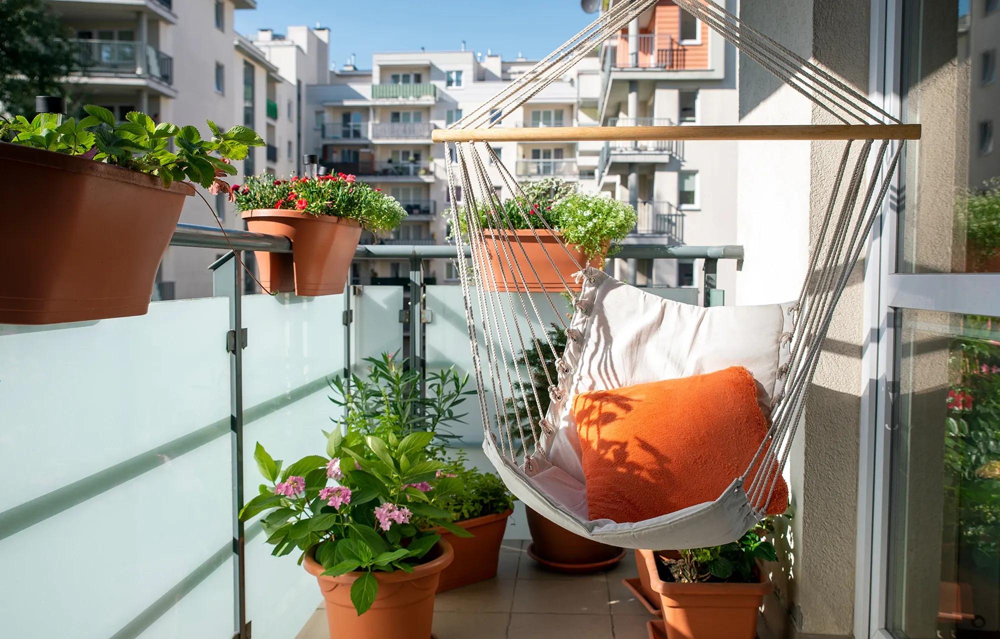 Somrig balkong med stilfulla växter och en avkopplande hängstol - Uppgradera din balkong med professionell renovering, inglasning och andra underhållstjänster
