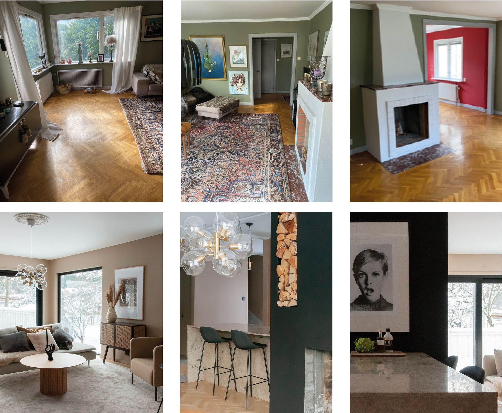 Bildkollage med före och efter bilder på en renovering i ett hus