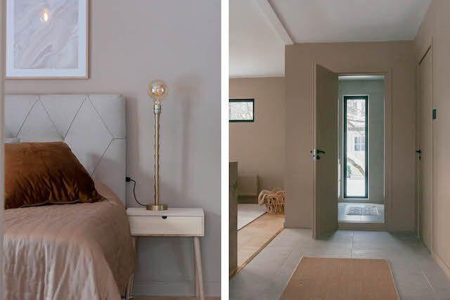 Två bilder på husrenovering, ett sovrum och en entre där dörren står öppen