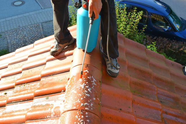 En man som står på ett tak och tvättar takplattor. Han använder rengöring och vatten.