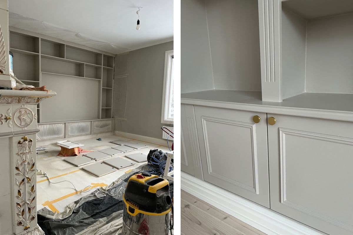 Bild från reportage om platsbyggd bokhylla. Två bilder där man ser hur luckor och hyllan målas samt resultatet.