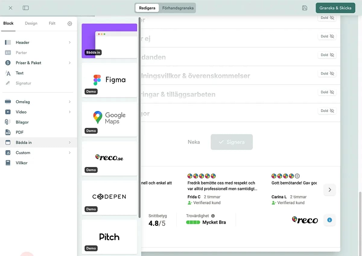 Skapa offerter och bädda in recensioner och omdömen från nöjda kunder