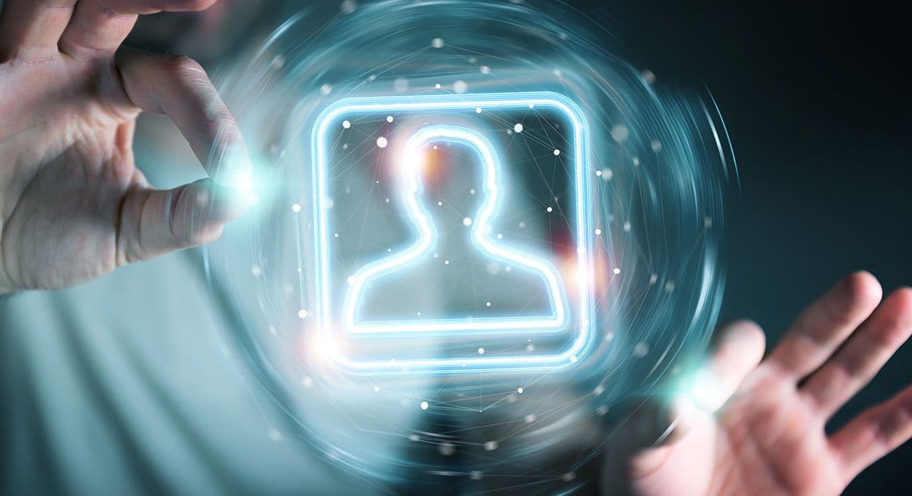 Närbild på futuristisk digital profil i blå toner