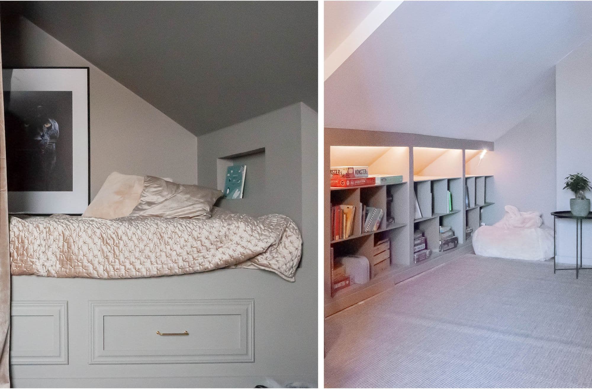 Efterbild renoveringa av barnrum hus, platsbyggd säng och bokhylla