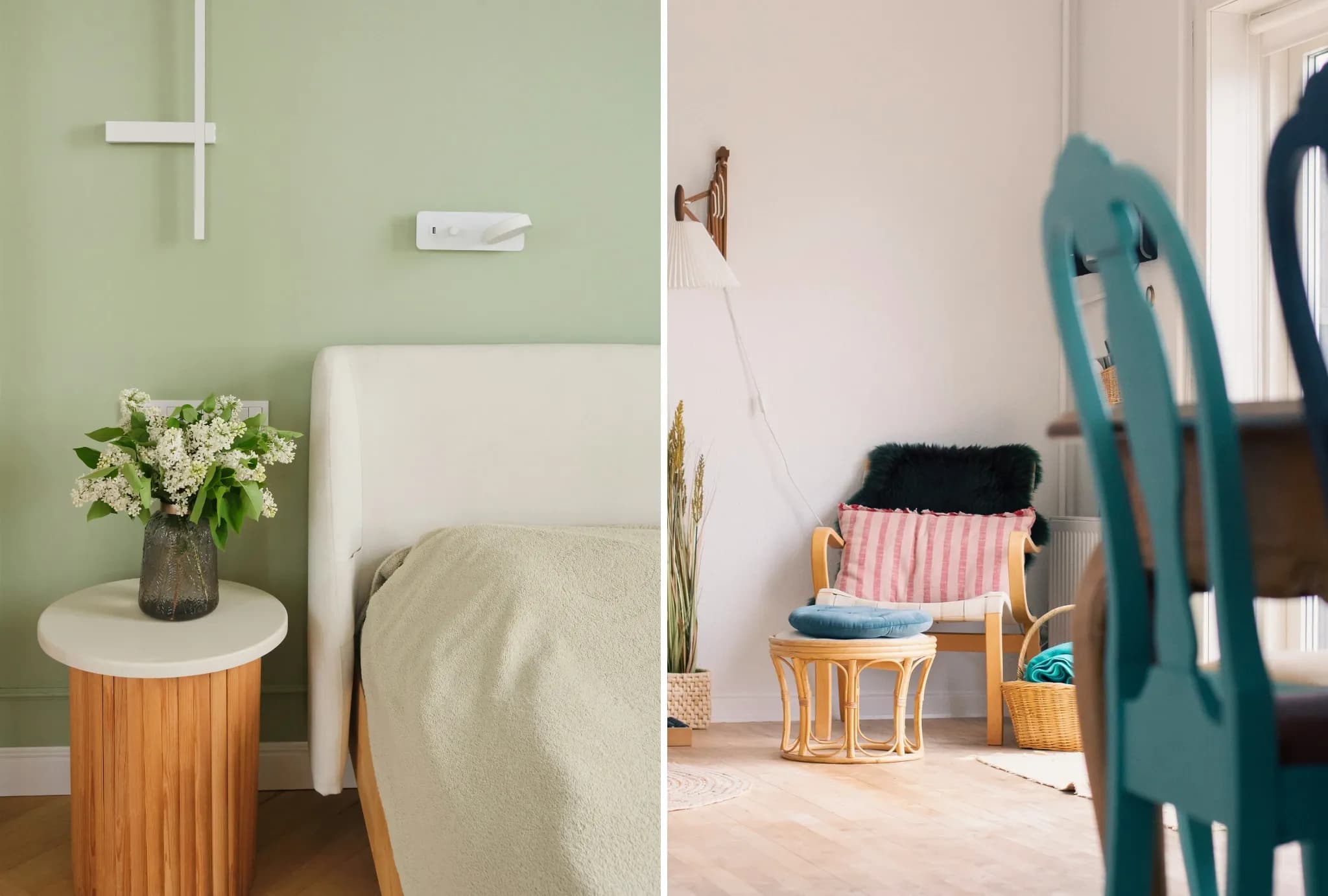 Split image: left shows a green bedroom with white bed and flowers, right shows a cozy living area with wicker chair and colorful cushions.