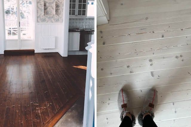 Före-och efterbild golvslipning, en bild med mörkt trägolv, en bild med ljust trädgolv med ett par tofflor