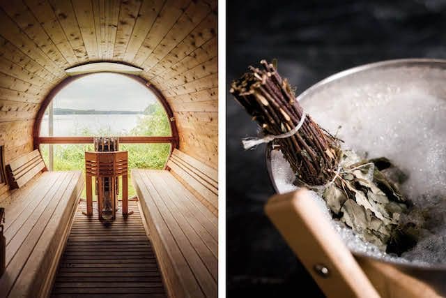 Två bilder på byggd bastu, fönster där man ser ut, hink med vatten och ris